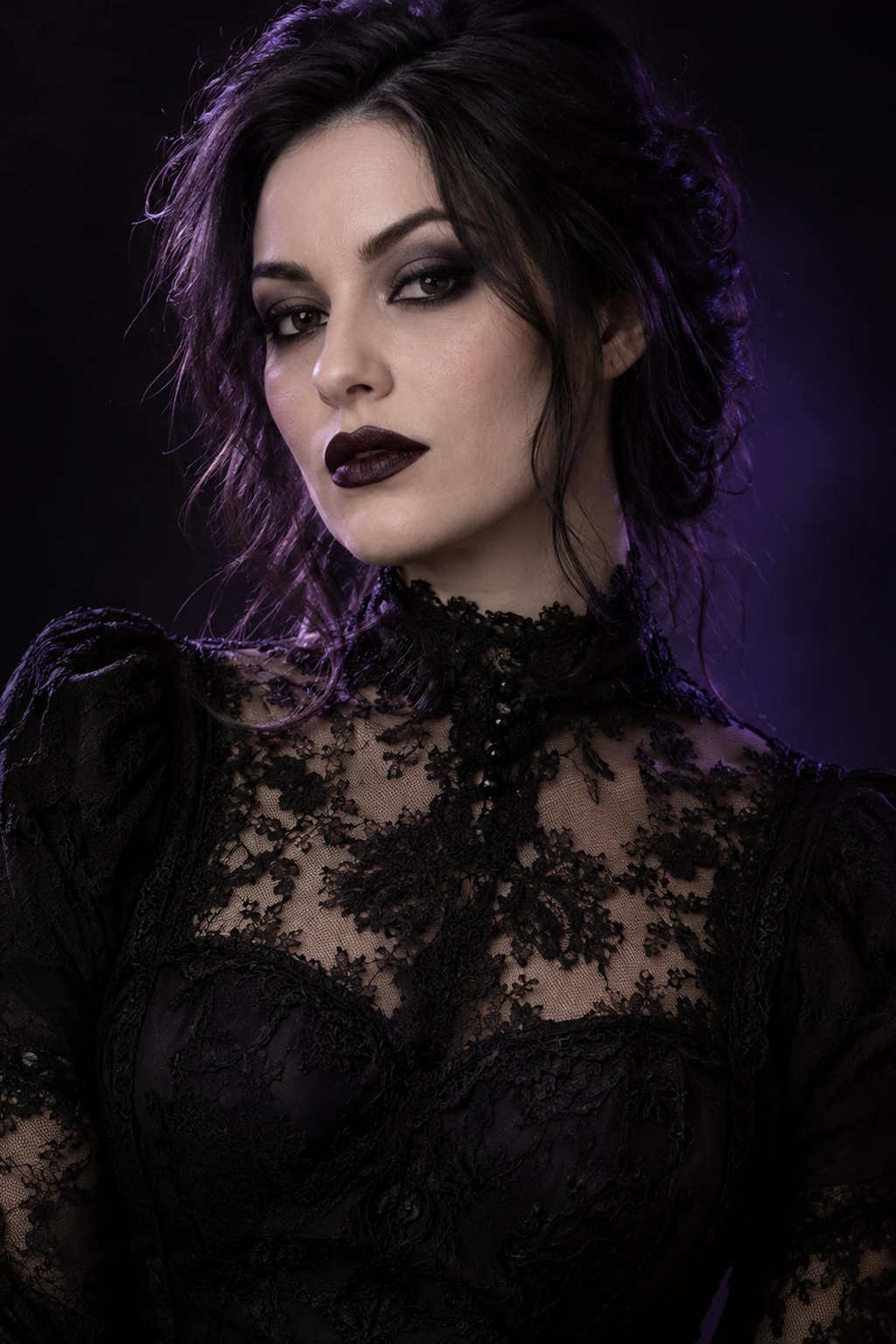 Classic gothic AI portrait with smoky eyes and black lace