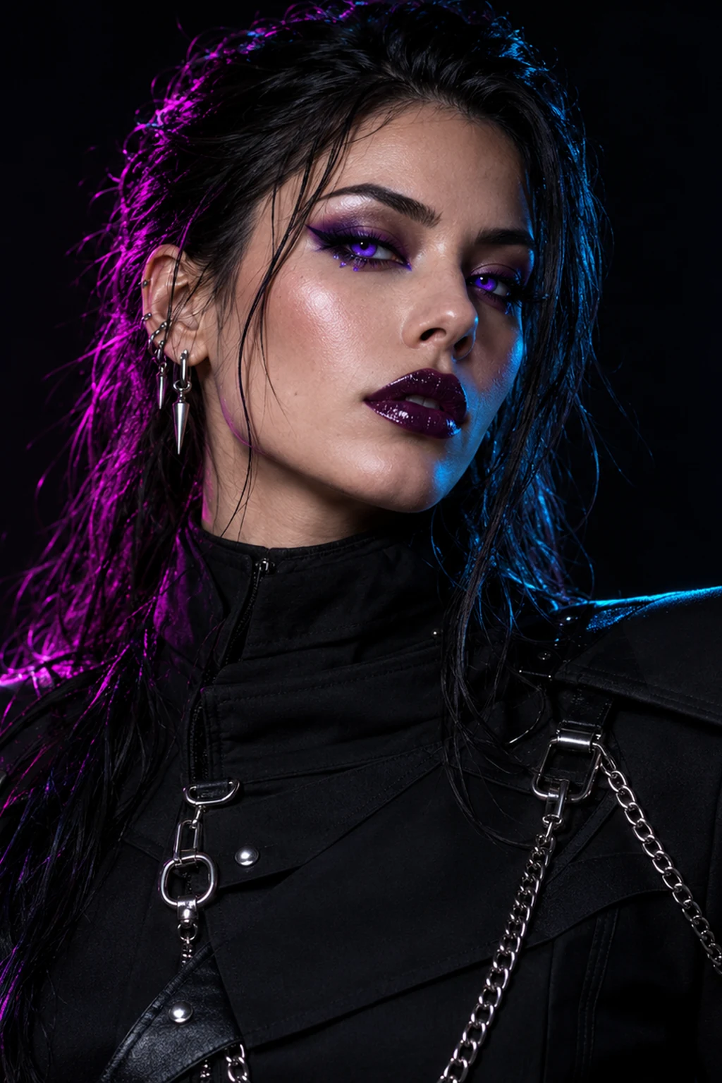 Cyber goth portrait with violet and magenta lighting