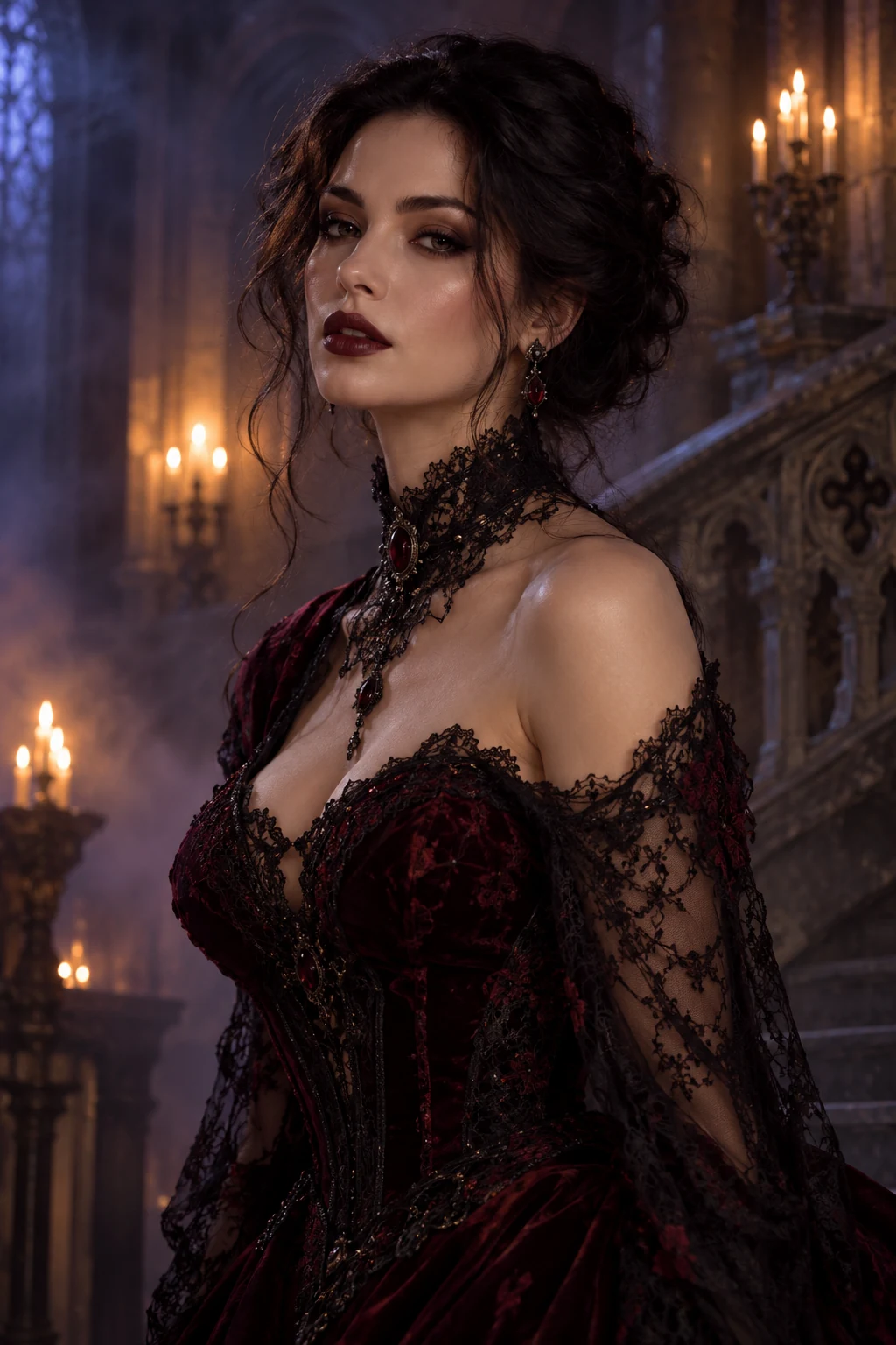 Dark romantic gothic portrait in a candlelit manor
