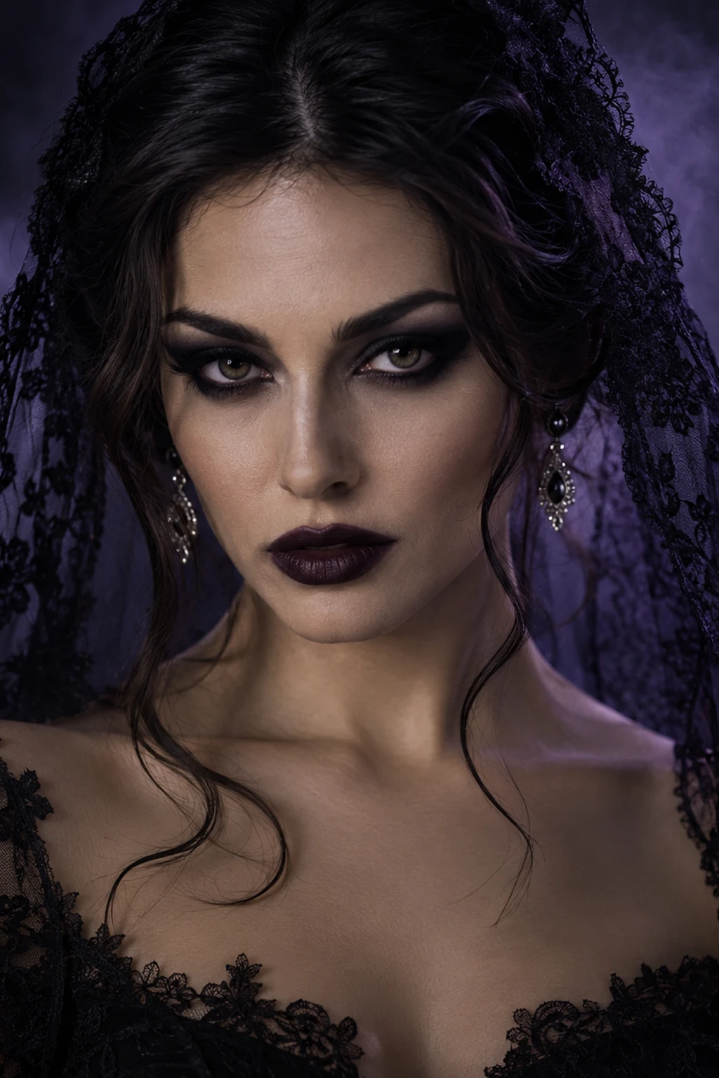 Halloween gothic makeup portrait with a black lace veil